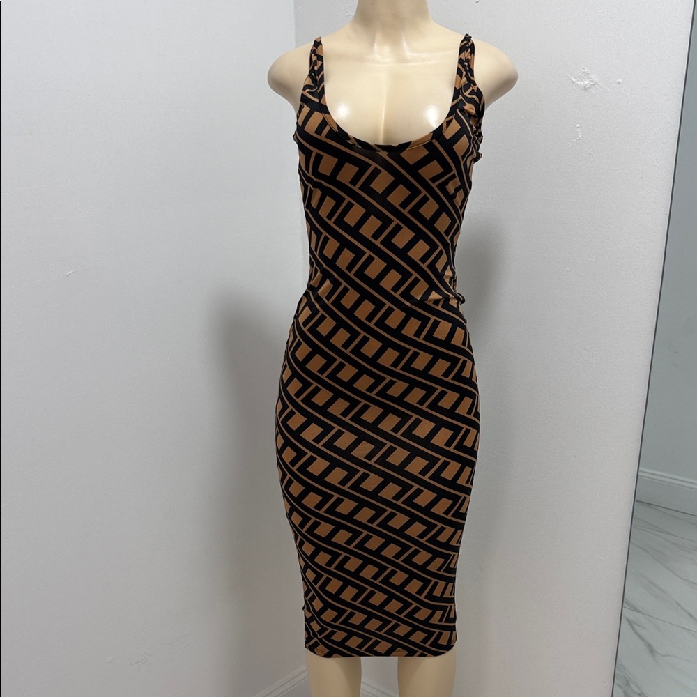 Geometric Patterned Black and Brown Midi Dress